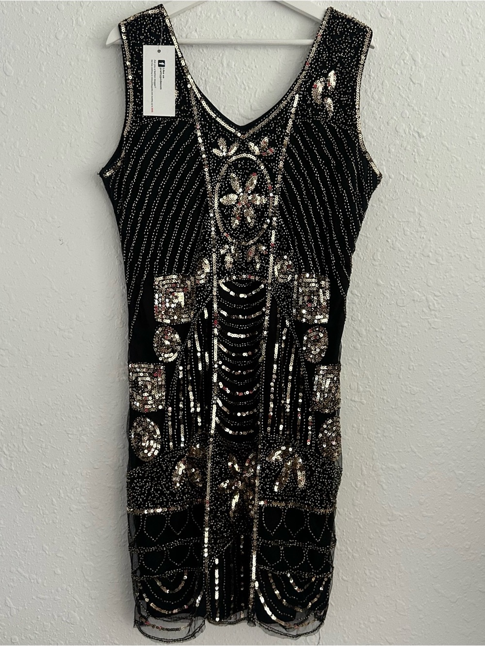 PrettyGuide Black Gold Sequin Beaded Flapper Gatsby V-Neck Dress XXL NWT